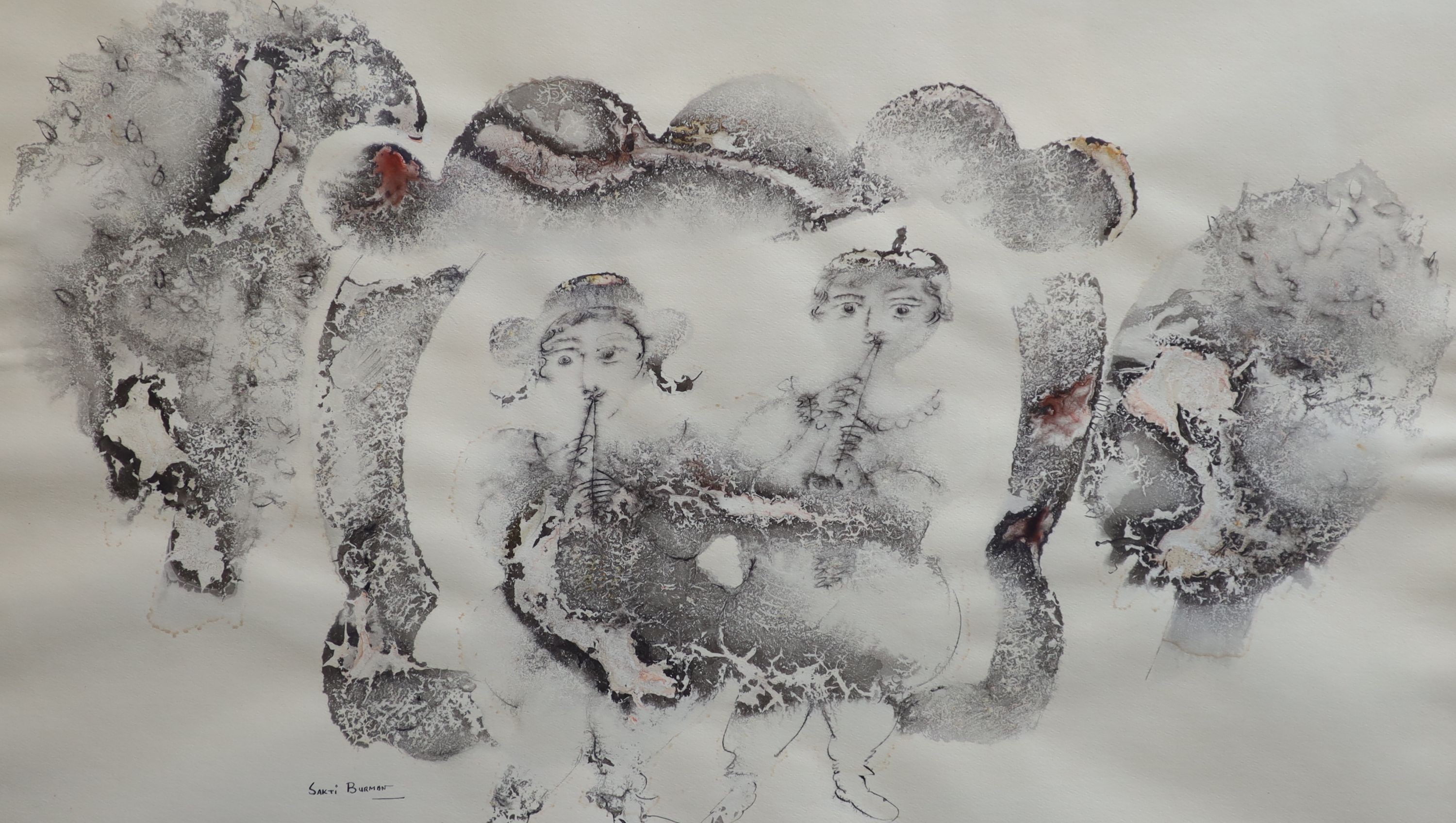 Sakti Burman (Indian, 1935-), Two pipe players, Ink and watercolour on paper, 38 x 61cm.